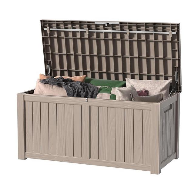 MAIUSCOLI 120 Gallon Outdoor Deck Box,Storage Lockable Waterproof Patio Furniture,Garden Tools,Cushions,Pool Accessories Outside Storage Resin Box(Light Brown)