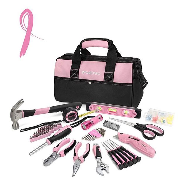 WORKPRO Pink Tool Kit, 75-Piece Lady's Home Repairing Tool Set with Wide Mouth Open Storage Bag