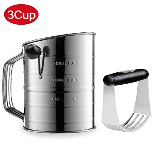 3 Cup Flour Sifter for Baking Stainless Steel,4 Wire Agitator Rotary Hand Crank Professional Pastry Cutter-Dough Blender Included
