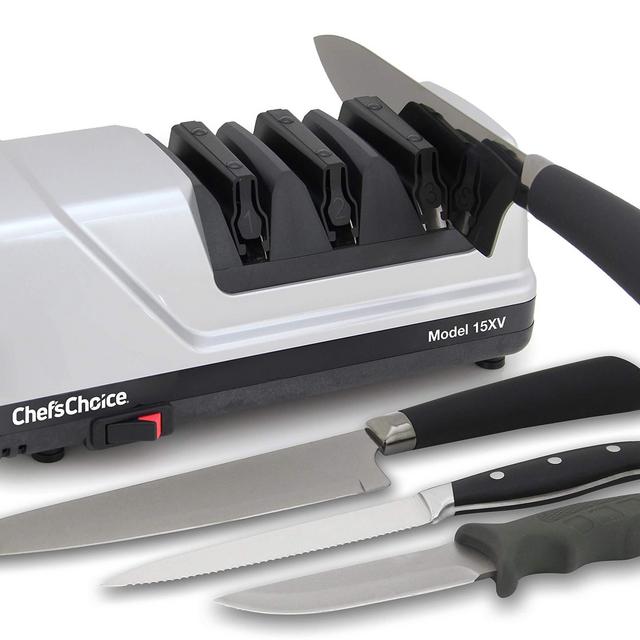 Chef’sChoice 15 Trizor XV EdgeSelect Professional Electric Knife Sharpener for Straight and Serrated Knives Diamond Abrasives Patented Sharpening System Made in USA, 3-Stage, Gray