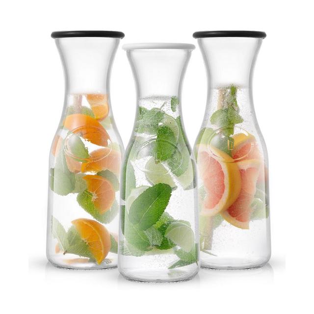 JoyJolt Hali 3-Piece Glass Carafe Bottle Pitchers with 6 Lids Set, 35 oz
