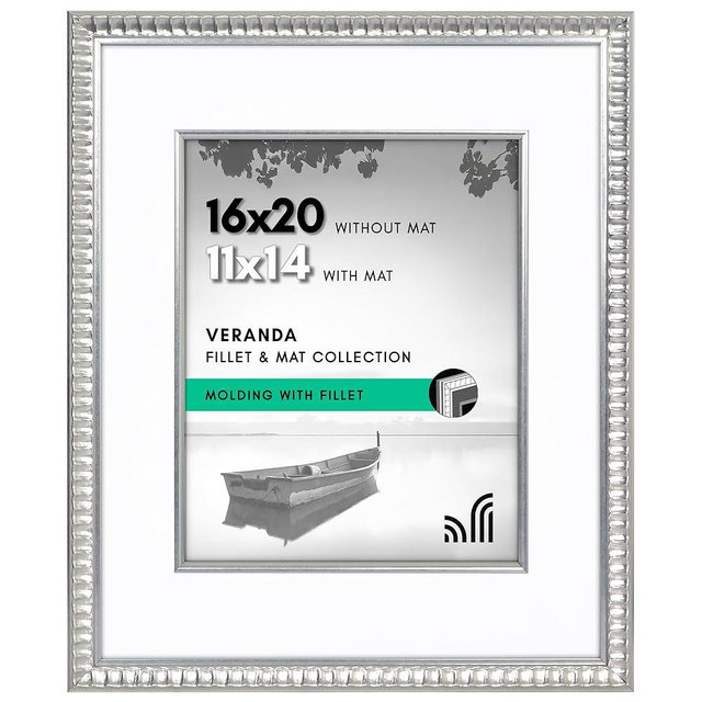 Americanflat 16x20 Picture Frame with Decorative Inner Mat Accent - Displays 11x14 Photos with Mat or 16x20 Without - Veranda Collection - Silver Vintage Frames with Polished Plexiglass