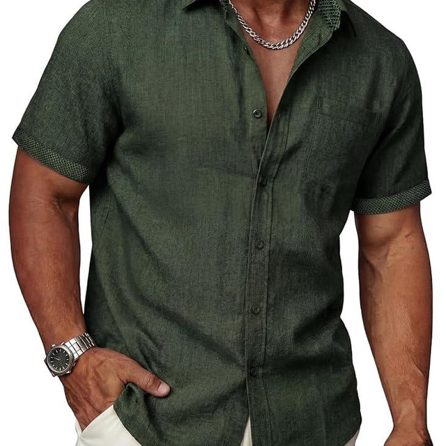 Ailisus Men’s Linen Shirts Short Sleeve Casual Contrast Collar Button Down Shirt for Summer Holiday Beach Shirt with Pocket