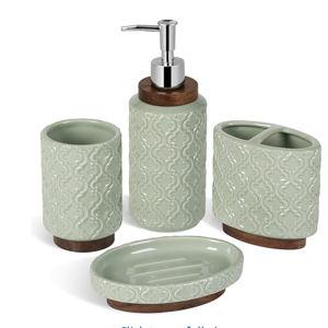 Green Bathroom Accessories Set 4 Pieces Toothbrush Holder Soap Dispenser Ceramic Bathroom Accessory Set Contain Toothbrush Cup Soap Dish Tumbler