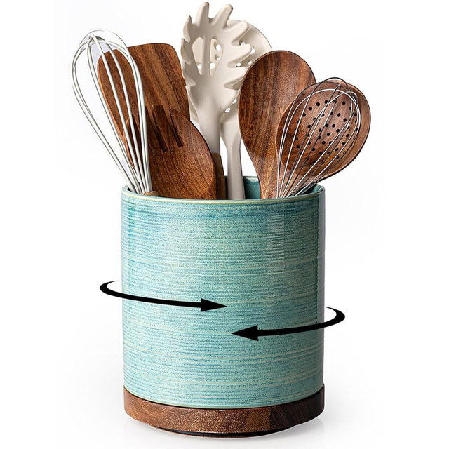 MIKIGEY Utensil Holder, 360° Large Ceramic Kitchen Utensil Holder for Countertop, Cooking Utensil Crocks for Kitchen Counter with Rotatable Wooden Base, Farmhouse Kitchen Decor, Green
