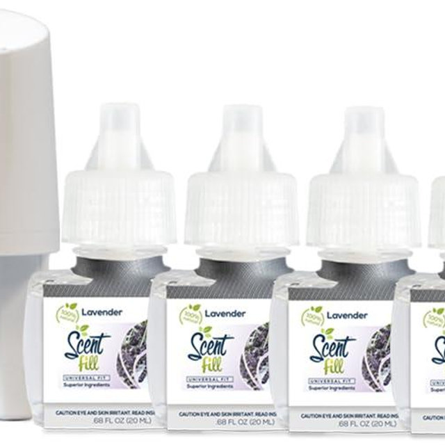 Scent Fill 100% Natural Lavender Plug in Refills Air Freshener, Scented Oil Refills, 4 Refills + Diffuser