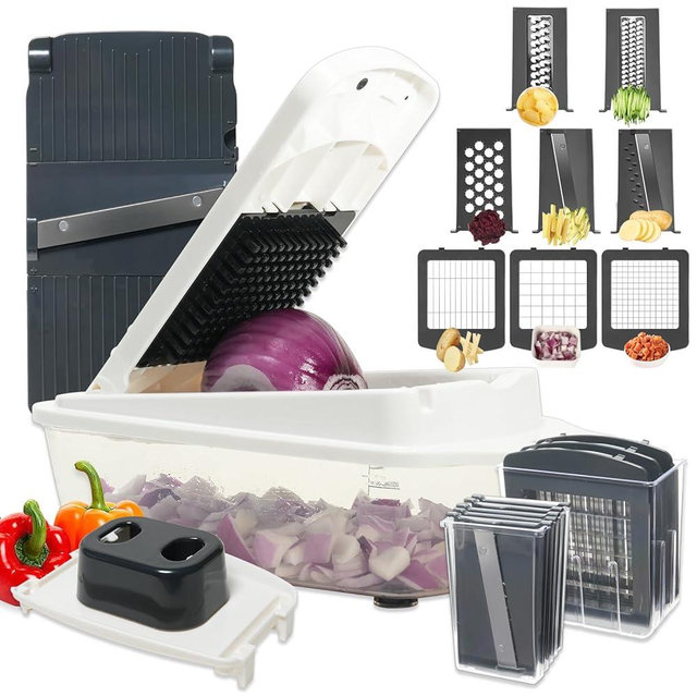 ZHANG XIAO QUAN SINCE 1628 8-in-1 Vegetable Chopper with Container - Veggie Onion Salad Chopper, Mandoline Slicer, French Fry Cutter, Kitchen Gadgets with Cleaning Tools