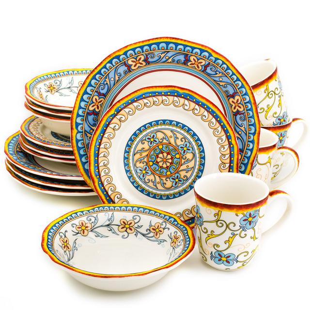 Euro Ceramica Duomo Collection Italian-Inspired 16 Piece Ceramic Dinnerware Set, Floral Design, Multicolor