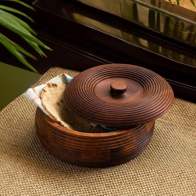 ExclusiveLane Handcrafted Sheesham Wooden Chapati Box Indian For Storing Roti Box Container Casserole For Roti With Lid Tortilla Warmer Holder (1350 ML)