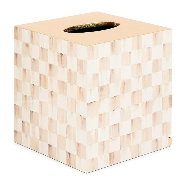 MACKENZIE-CHILDS Glass Tissue-Box Cover, Boutique Bathroom Decor, Brown-and-White Mocha Check