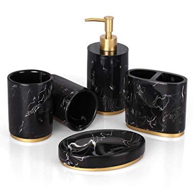 Bathroom Accessories Set, 5 Piece Decorative Marble Collection Bath Accessory Set, Includes Toothbrush Holder, Liquid Soap Dispenser, Soap Dish, 2 Tumblers, Ink Black