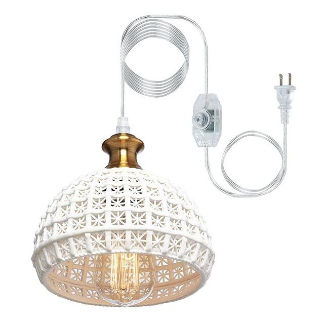HMVPL Ceramic Plug in Pendant Light Fixture, Small Cute Swag Ceiling Lamp with 16.4 Ft Hanging Cord and On/Off Dimmable Switch for Bedroom Reading Corner (6.9 inches)