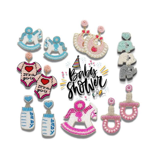 Baby Birth Shower New Mom Gift Gender Reveal Beaded It's A Girl or Boy Blue Pink Earrings