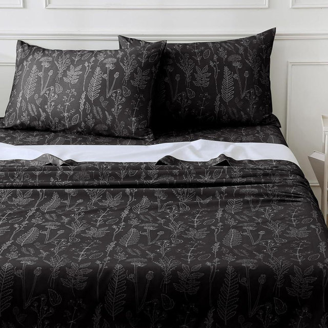Homilay 100% Organic Cotton Percale Sheets Set,King Size 4 PC, Breathable&Durable Hotel Quality Bedding, 16" Deep Pocket Botanical Floral Bedsheets,Black