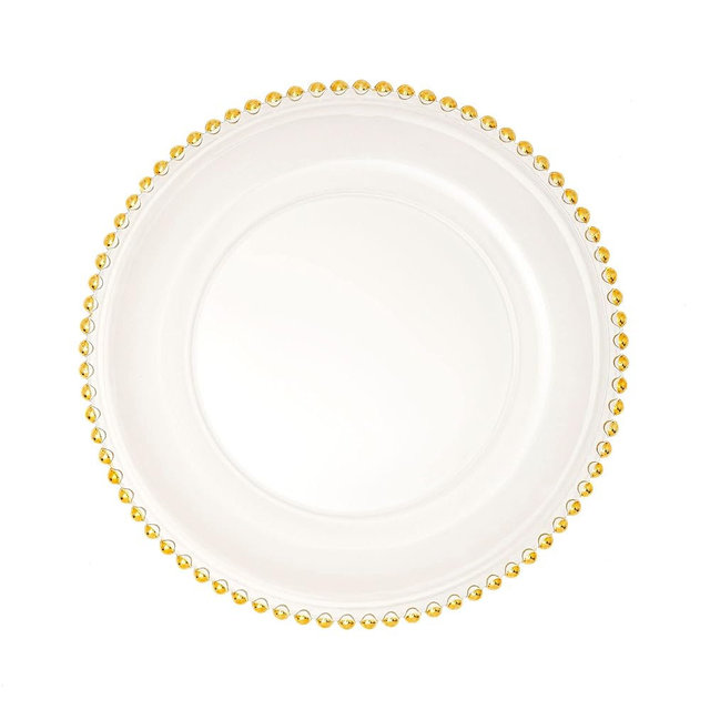 Simply Elegant Beaded Rim Clear Glass Charger Plate | Service Plate for Parties, Dinner, Weddings, Quinceaneras and Events | 12 1/2 inch Diameter | Gold - Gloss Finish | Set of 8