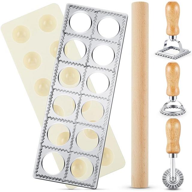 5 Pieces Ravioli Mold Set Ravioli Maker 12 Holes Ravioli Maker Press Ravioli Stamp Maker Cutter with Wood Rolling Pin Ravioli Stamp Pasta Making Kit for Ravioli Press Mold Pasta Making Tools