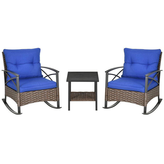 Outsunny 3pc Rocking Chair Set w/ Cushions, Wicker Bistro Set,