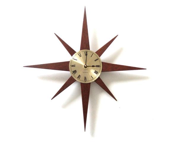 Mid Century Starburst Clock, Handmade Mid Century Modern Home Decor, Minimalist Home Decor, Jarrah Wood Star Clock, Atomic Star Burst Clock