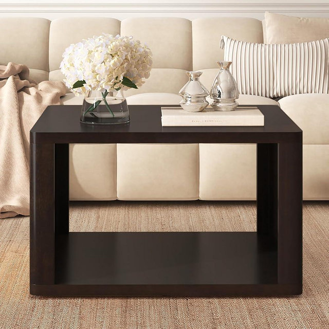 VIHLCYDA Square Coffee Table for Living Room in Dark Brown Farmhouse Coffee Table with Storage,2-Tier Center Table with Half Open Storage Compartment in 30.8" (Dark+Brown)
