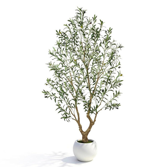 Artificial Olive Tree 7FT Tall, Faux Olive Tree Indoor with Large White Round Planter, Full-Shape Fake Olive Plant, PE Leaves and Premium Plastic Trunk for Home Living Room Office Decor