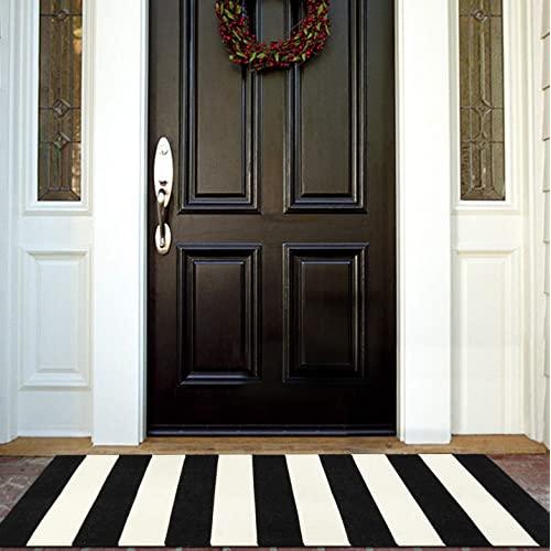 Black and White Outdoor Rug Runner Doormat 24'' x 51'', Collive Cotton Woven Porch Rug Farmhouse Striped Outdoor Indoor Rugs, Washable Door Mat for Porch Layered Kitchen Bathroom Laundry Room