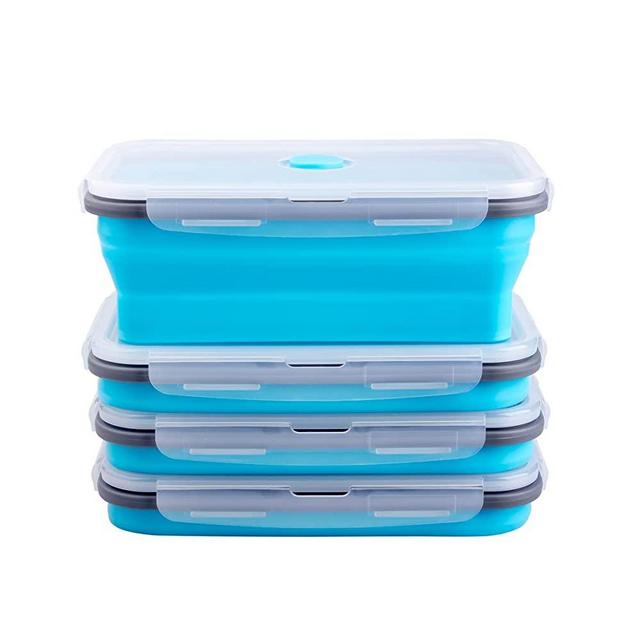 Collapsible Food Storage Containers with Airtight Lid & Air Vent, Kitchen Stacking Silicone Collapsible Meal Prep Container Set for Leftover, Microwave Freezer Dishwasher Safe, Blue, Set of 4, 40.5 oz