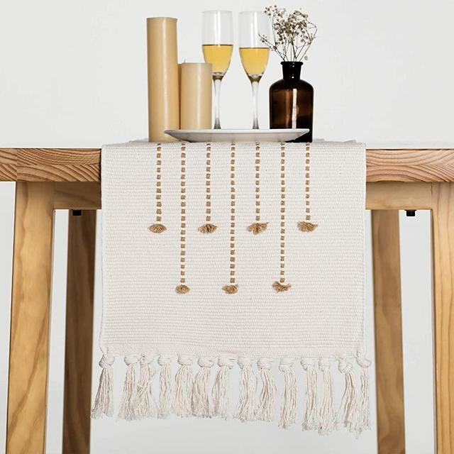 ALIBALA Cotton Woven Table Runner with Tassel, Striped Handwoven Boho Fringe Farmhouse Reversible Neutral Rustic Table Runner for Dining Wedding 13"x71" Khaki