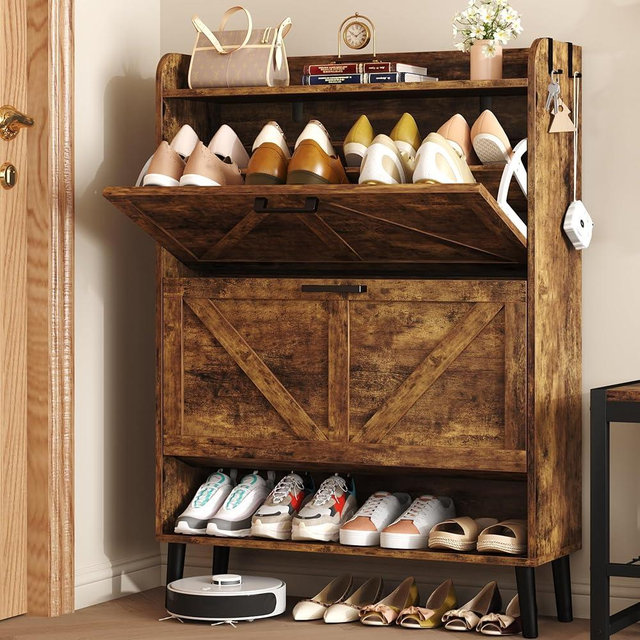 HOMEFORT Shoe Storage Cabinet for Entryway, 30" Freestanding Organizer with Two Flip Drawers, Narrow Hidden Shoe Rack with Wood Legs, Farmhouse Shoe Cabinet for Front Door Entrance,Rustic Brown