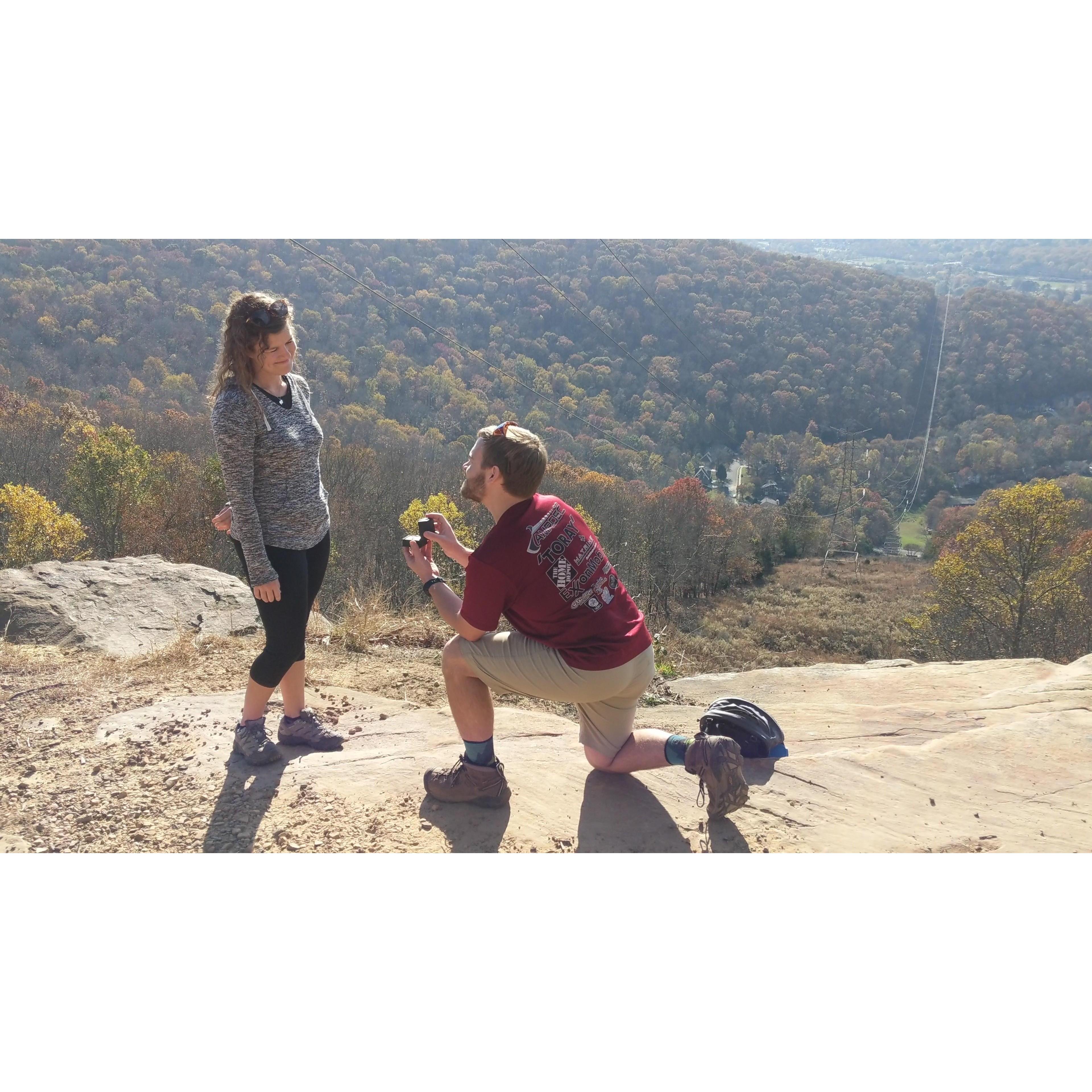 Joe got down on one knee at the overlook at Blevin's Gap in Huntsville!
