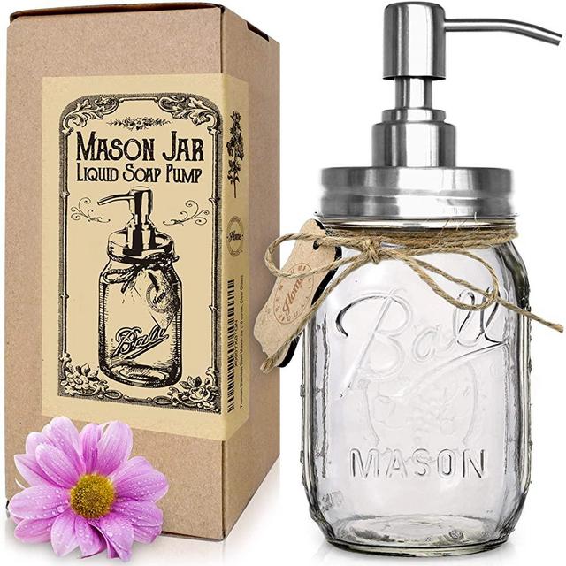 Mason Jar Liquid Dish Soap Dispenser for Kitchen or Mason Jar Hand Soap Dispenser for Bathroom Sink, Farmhouse Home Decor (16oz US Made Ball Brand Glass Jar, Rust Proof Stainless Steel, Silver Pump)