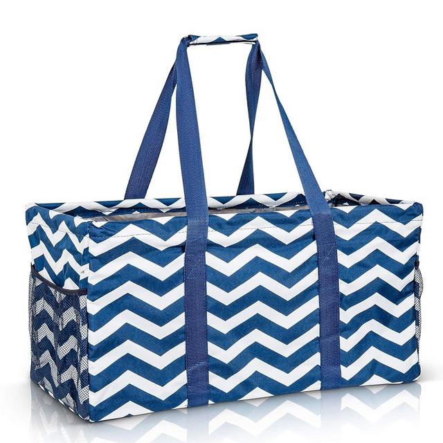 Lucazzi Extra Large Utility Tote Bag, Oversized Collapsible Reusable Wire Frame Rectangular Canvas Basket With Two Exterior Pockets For Beach, Pool, Laundry, Car Trunk, Storage - Chevron Navy