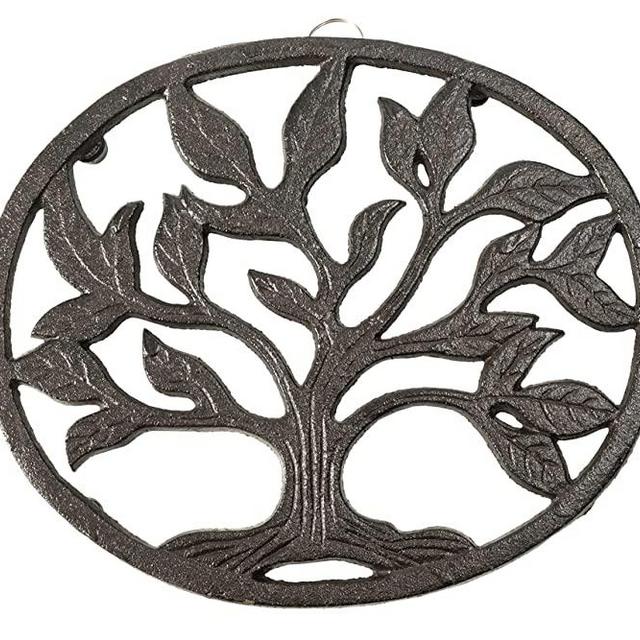 gasaré, Cast Iron Trivet, Metal Trivet, Tree Roots Oval Design, for Hot Dishes, Pots, Pans, Rubber Feet Caps, Ring Hanger, 8¼ x 7 Inches, Brown Finish, 1 Unit