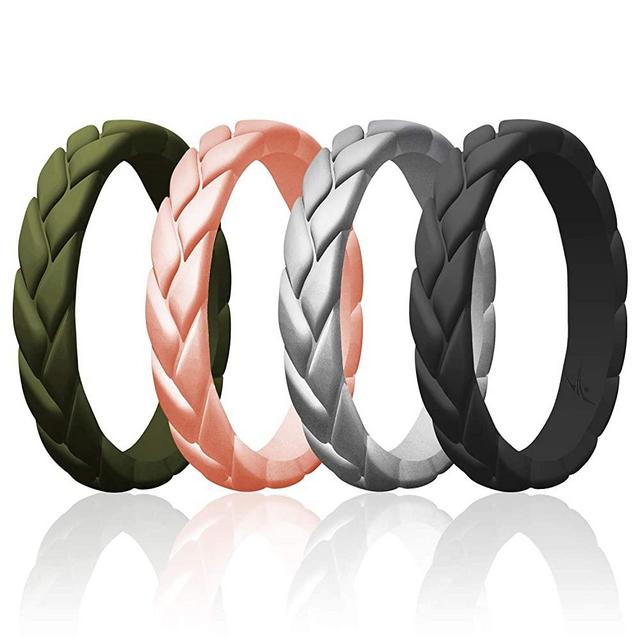 ROQ Silicone Rings for Women Thin Womens Silicone Rubber Wedding Rings Bands - Bridal Jewelry Set Promise Rings Anniversary Rings - Flame Leaves Collection - Can Be Used as Stackable Rings