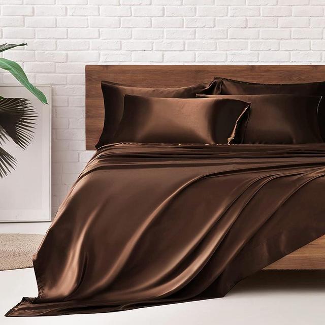 MR&HM Satin Bed Sheets, King Size Sheets Set, 6 Pcs Silky Bedding Set with 15 Inches Deep Pocket for Mattress(King, Brown)