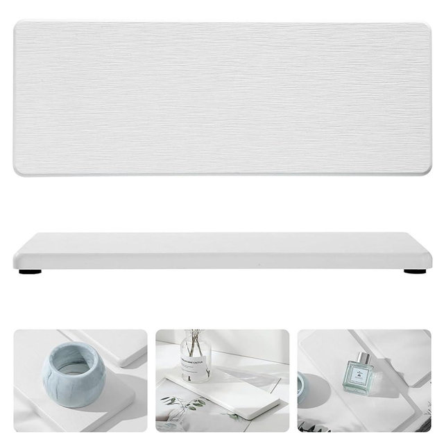 Razborci 2PCS Water Absorbent Diatomite Coasters, Fast Drying Stone Tray for Bathroom & Kitchen Counter, Instant Dry Sink Dish Rack Organizer for Soap, Cup, Drink Bottle & Plants, White, 9"x3.5"
