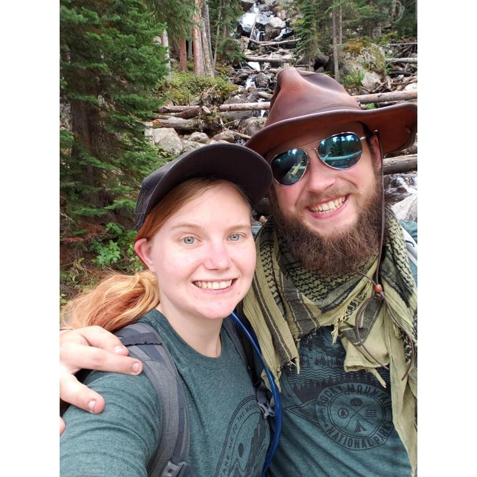 Hiking through Rocky Mountain National Park, rocking our Rocky shirts!