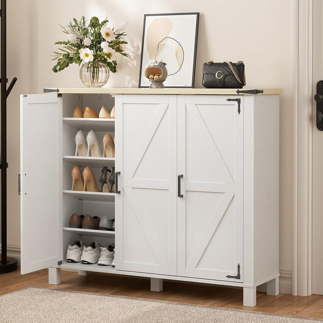 5-Tier Shoe Storage Cabinet, Farmhouse Shoe Rack Organizer Cabinet with 4 Adjustable Shelves & Side Cabinets, Freestanding Shoe Cabinet Storage with Anti-tip Fitting for Entryway, 46.1L×13.7W×40.6H