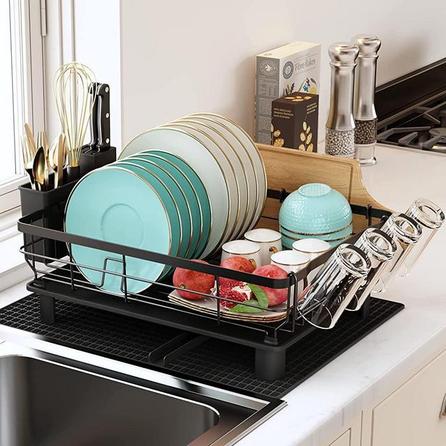 Qienrrae Dish Drying Rack with Drainboard Set, Stainless Steel Dish Drainers for Kitchen Counter, Dish Strainer with Utensil Holder, 360° Swivel Spout and Extra Dryer Mat, Black