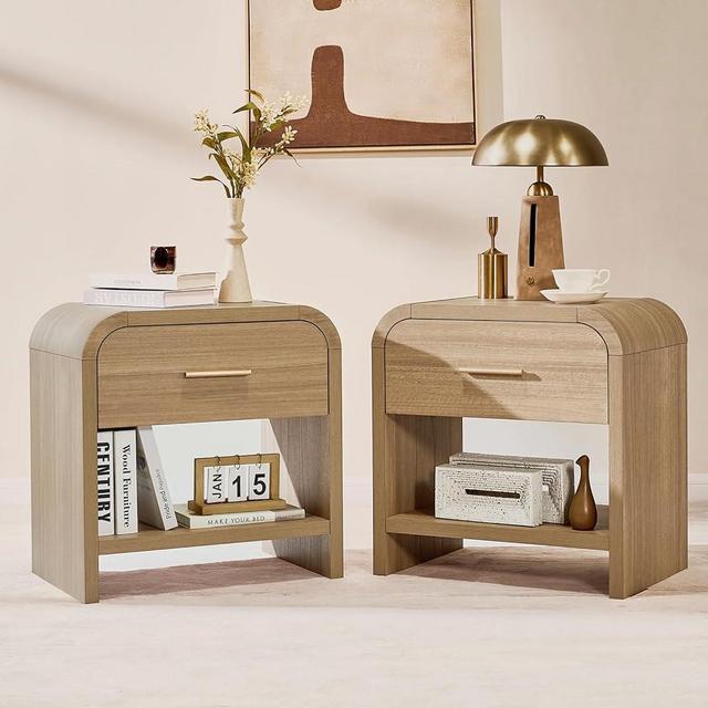 EliteSet Night Stand Set of 2 [Unique Curved Design] [24" H 23.4" W ] [1.18" Thickened Board] 1-Drawer and 1 Storage Shelf Nightstand Bedside Table Side Table End Table(Light Oaked Gray)