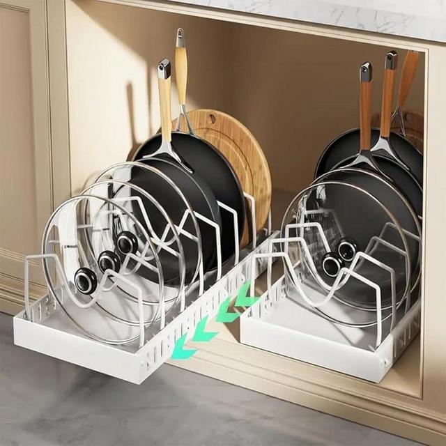 2 Pack Pull Out Pots and Pans Organizer Rack for Cabinet and Countertop, Pull Out Cabinet Organizer with 8 Adjustable Dividers, Kitchen Storage for Pot Lid, Dishes, Bakeware, Pots and Pans, White