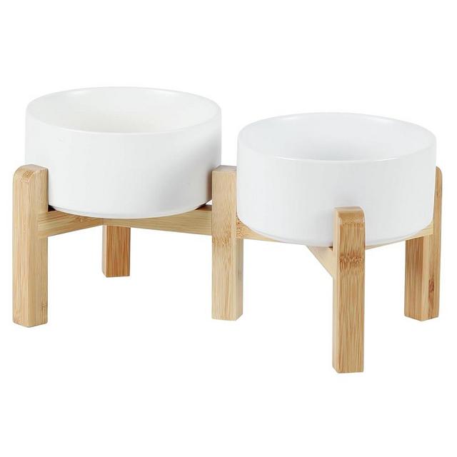 Havniva Ceramic Adjustable Raised Double Bowls Set with Stand, 2 Heights Elevated, Food & Water Bowls for Small Breed Dogs, Weighted Dog Dishes, Pet Bowl(6.1'',28.7OZ, White)