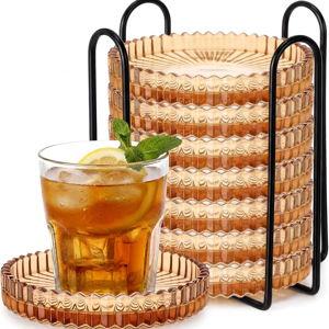 Remerry 8 Pcs Clear Crystal Coaster Set with Holder Glass Coasters for Drinks (Amber)