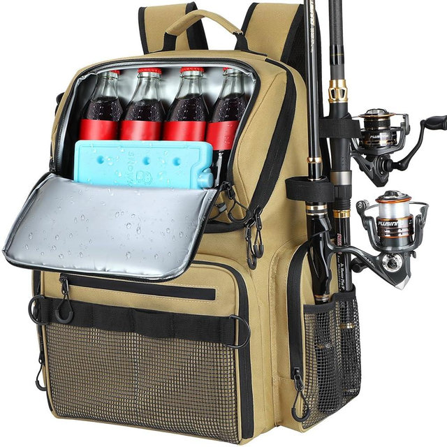 PLUSINNO Cooler Fishing Backpack with Rod Holders 45L Large Water-resistant Fishing Tackle bag Store Fishing Gear Fishing Gifts for Men Father