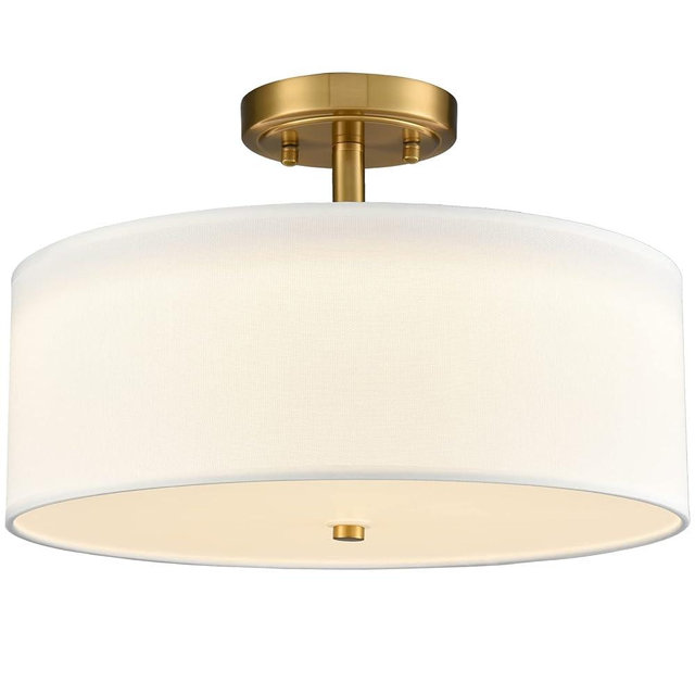 TEENYO Dimmable Gold Semi Flush Mount Ceiling Light with Drum Shade Ceiling Light Fixture 30W 3000K/4500K/5500K Brass LED Flush Mount Ceiling Light for Bedroom Hallway Living Room, 15-Inch