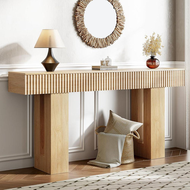 jmhdyg 63-Inch Long Entryway Console Table with a Fluted Design, Thick Wood Farmhouse Sofa Table Behind Couch, Narrow Hallway Accent Table for Living Room, Foyer, Entrance, Natural Oak