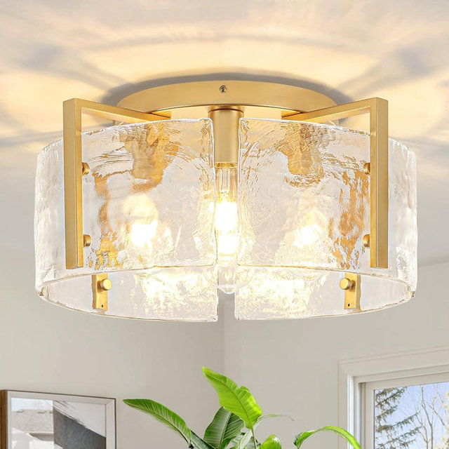 18.5'' Modern Gold Semi Flush Mount Ceiling Light, 4-Light Glass Drum Light Fixtures, Ceiling Lights for Hallway Foyer Entryway Bedroom Kitchen Dining Room Living Room Lighting Fixture, UL-Listed