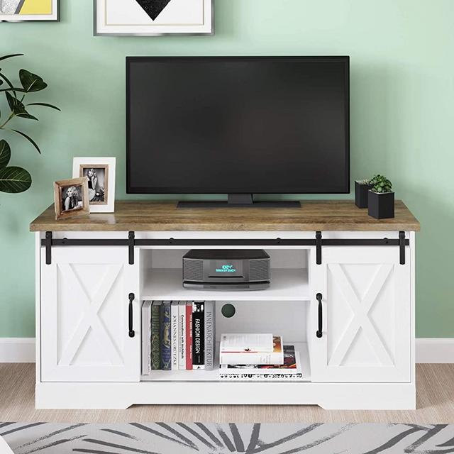 POVISON TV Stand, Television Stands for TVs up to 65 inches, Sliding Barn Door & Adjustable Shelf, Farmhouse Entertainment Center, TV Console for Living Room Bedroom, Wood TV Cabinet with Storage