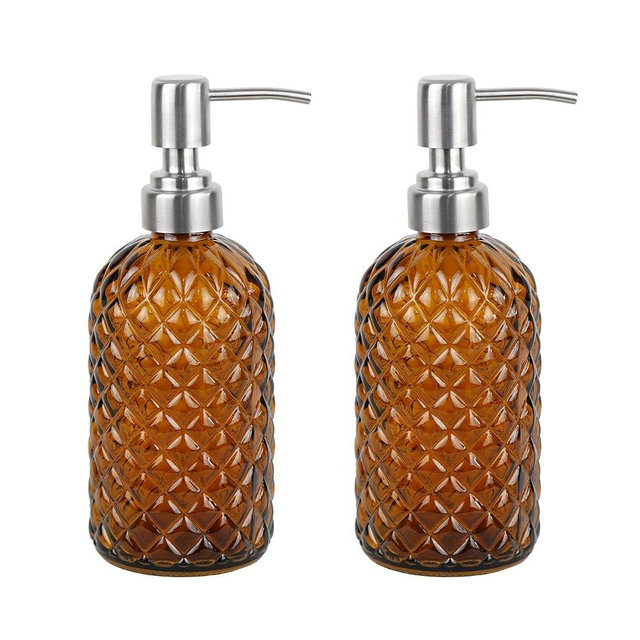 SDlumeiy 16 Oz Soap Dispenser with 304 Rustproof Stainless Steel Pump, Kitchen, Bathroom Soap Dispenser， Refillable Liquid Glass Soap Dispenser for Hand Soap, Soap, Lotion. (Amber-2pack)