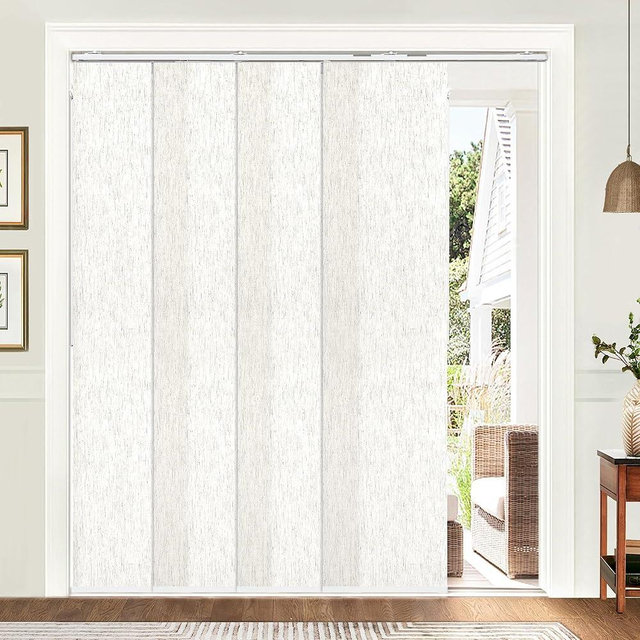 UNISHADES Panel Track Blinds, Vertical Blinds for Sliding Glass Doors, Extendable Track from 45 3/4" to 82 5/8" W, Cuttable Panel Curtains up to 96 inches high, Light Filtering - Linen