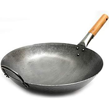 Craft Wok Traditional Hand Hammered Carbon Steel Pow Wok with Wooden and Steel Helper Handle (14 Inch, Round Bottom) / 731W88